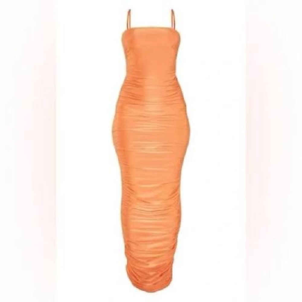 Orange Ruched Bodycon Maxi Dress with Spaghetti Straps- Pretty Little Things NWT